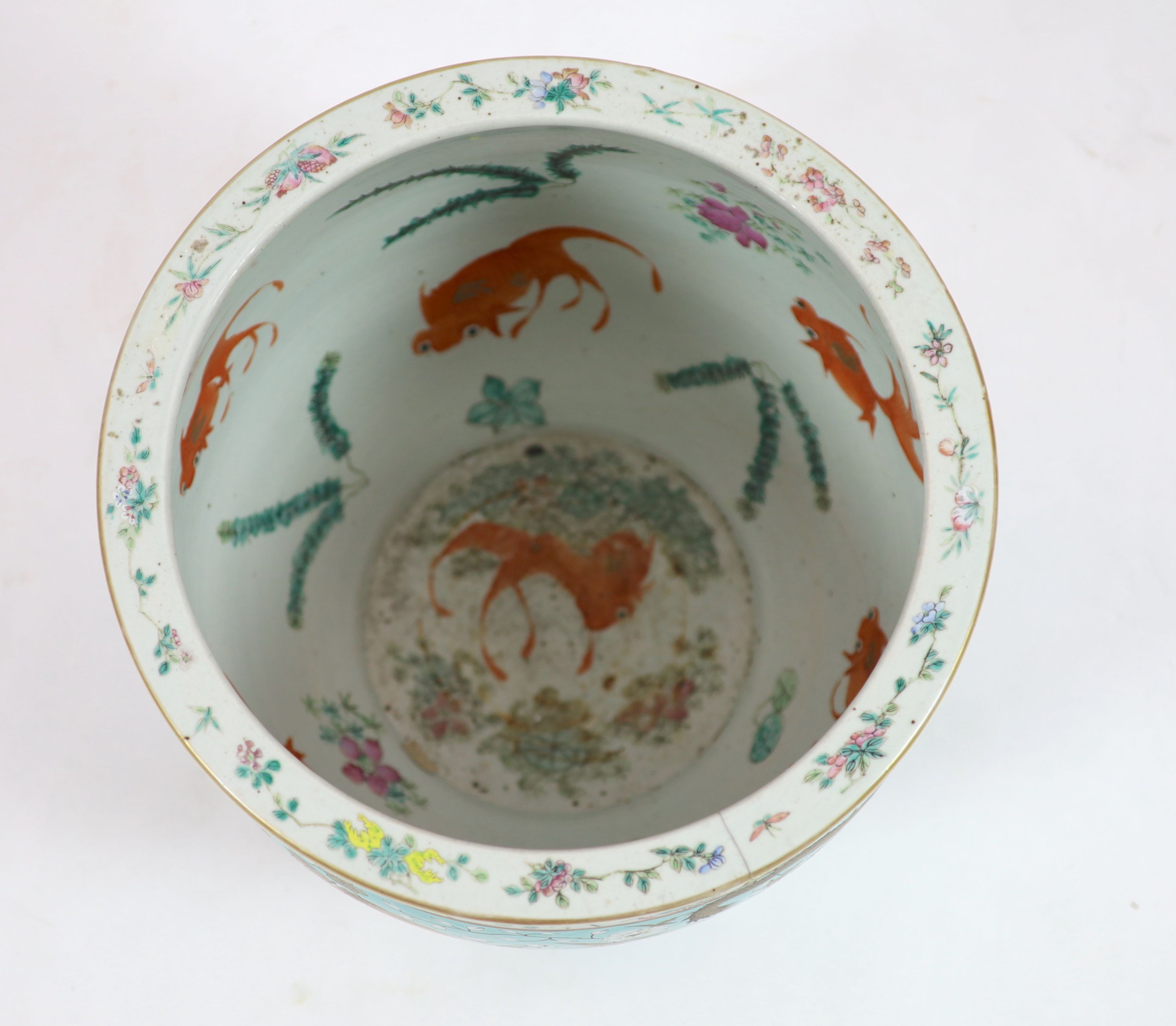 A Chinese famille rose ‘fish’ bowl, late 19th/early 20th century, 40.5 cm diameter, 37 cm high, cracked